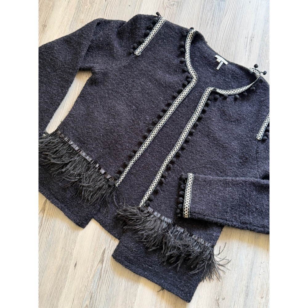 Black Knit Feather Fringe Pom Pom Trim Open Front Cardigan Jacket L by Sioni